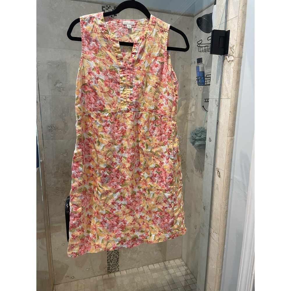 JJill Love Linen Two Pocket Sleeveless Dress Floral Pink Orange Womens Size XS